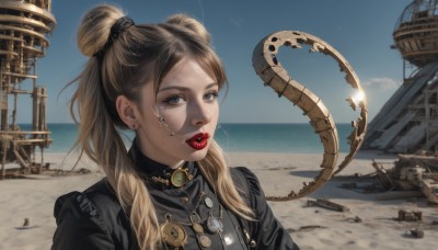 1girl,solo,long hair,looking at viewer,bangs,blonde hair,brown hair,twintails,brown eyes,jewelry,jacket,upper body,earrings,outdoors,parted lips,sky,day,necklace,hair bun,mole,blue sky,lips,black jacket,grey eyes,double bun,makeup,ocean,beach,lipstick,mole under mouth,realistic,sand,red lips,watercraft,desert,blue eyes,teeth,tears,military,piercing,crying