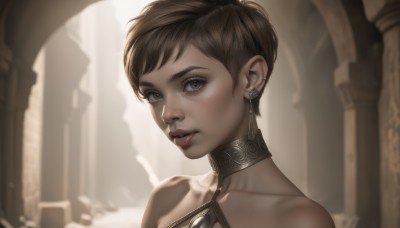 1girl,solo,looking at viewer,short hair,bangs,brown hair,bare shoulders,brown eyes,jewelry,collarbone,earrings,parted lips,blurry,dark-skinned female,lips,blurry background,halterneck,portrait,freckles,realistic,nose,upper body,teeth,choker,eyelashes,makeup,piercing,ear piercing,eyeliner,very short hair,pillar