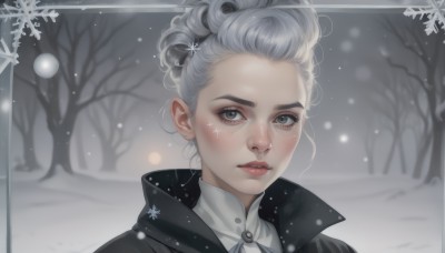 1girl,solo,looking at viewer,short hair,hair ornament,white shirt,grey hair,outdoors,parted lips,artist name,blurry,tree,lips,coat,grey eyes,eyelashes,portrait,snow,freckles,high collar,snowing,realistic,snowflakes,hair up,winter,bare tree,updo,blush,jewelry,earrings,makeup,red lips,footprints