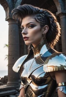 1girl,solo,breasts,short hair,black hair,hair ornament,brown eyes,jewelry,upper body,earrings,outdoors,parted lips,artist name,dark skin,necklace,armor,blurry,dark-skinned female,lips,makeup,blurry background,watermark,lipstick,shoulder armor,web address,armlet,pauldrons,breastplate,realistic,nose,pillar,column,hairclip