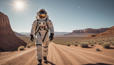 1girl,solo,gloves,standing,full body,boots,outdoors,sky,day,black gloves,shadow,moon,helmet,scenery,facing viewer,1other,walking,science fiction,mountain,sand,sun,planet,mountainous horizon,ambiguous gender,spacesuit,desert,space helmet,astronaut,blue sky,sunlight,star (sky),space,earth (planet)