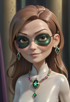 1girl,solo,long hair,breasts,looking at viewer,smile,brown hair,brown eyes,jewelry,closed mouth,upper body,earrings,small breasts,glasses,shiny,artist name,necklace,blurry,lips,see-through,bodysuit,blurry background,sunglasses,gem,forehead,freckles,shiny clothes,nose,tinted eyewear,green gemstone,bangs,dress,medium breasts,green eyes,eyelashes,makeup,watermark,wavy hair,light smile,lipstick,portrait