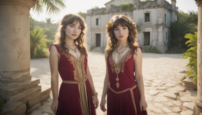 long hair,looking at viewer,bangs,multiple girls,brown hair,hair ornament,dress,2girls,brown eyes,jewelry,standing,collarbone,braid,flower,outdoors,parted lips,sleeveless,day,hair flower,necklace,bracelet,tree,lips,siblings,wavy hair,red dress,plant,sisters,building,pendant,curly hair,twins,realistic,arms at sides,head wreath,ruins,pillar,arch,column,holding,closed mouth,bag,sleeveless dress,sunlight