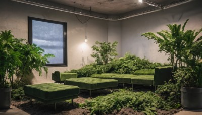 sky,cloud,indoors,tree,no humans,window,chair,table,cloudy sky,plant,scenery,couch,potted plant,lamp,ceiling light,day,grass,light