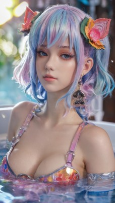 1girl,solo,breasts,looking at viewer,short hair,bangs,blue eyes,hair ornament,cleavage,bare shoulders,jewelry,medium breasts,blue hair,collarbone,swimsuit,upper body,pink hair,flower,bikini,multicolored hair,earrings,parted lips,artist name,hair flower,medium hair,water,blurry,two-tone hair,lips,wet,grey eyes,eyelashes,gradient hair,depth of field,blurry background,floral print,partially submerged,realistic,nose,pool,large breasts,sidelocks,makeup,pink flower,armlet,orange flower