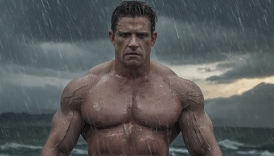 solo,looking at viewer,short hair,black hair,1boy,closed mouth,nipples,upper body,male focus,outdoors,sky,cloud,water,wet,muscular,facial hair,ocean,scar,beach,abs,cloudy sky,pectorals,muscular male,bara,scar on face,large pectorals,rain,veins,topless male,realistic,manly,nude,wet hair