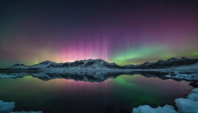 outdoors,sky,cloud,water,tree,no humans,night,star (sky),nature,night sky,scenery,starry sky,reflection,mountain,river,landscape,lake,aurora,rock