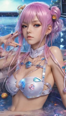 1girl,solo,long hair,breasts,looking at viewer,bangs,blue eyes,hair ornament,navel,cleavage,jewelry,medium breasts,swimsuit,upper body,pink hair,sidelocks,bikini,earrings,outdoors,parted lips,sky,day,artist name,water,necklace,hair bun,blurry,lips,wet,blurry background,white bikini,ring,gem,partially submerged,realistic,pool,bare shoulders,twintails,closed mouth,flower,nail polish,petals,eyelashes,double bun,detached collar,piercing,bikini top only,water drop,pink lips,nail art