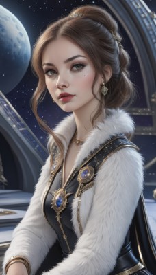 1girl,solo,long hair,breasts,looking at viewer,brown hair,hair ornament,long sleeves,dress,brown eyes,jewelry,upper body,earrings,parted lips,sky,necklace,hair bun,mole,black dress,bracelet,lips,coat,fur trim,mole under eye,makeup,night,moon,lipstick,gem,star (sky),starry sky,freckles,red lips,planet,artist name,instrument,realistic,nose,earth (planet)