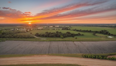 outdoors,sky,cloud,tree,no humans,sunlight,cloudy sky,grass,building,nature,scenery,forest,sunset,mountain,sun,horizon,road,field,river,landscape,mountainous horizon,orange sky,hill,ocean,bush,evening,path