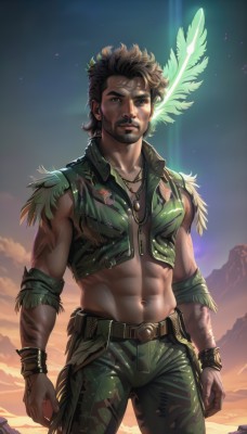 solo,looking at viewer,brown hair,black hair,1boy,navel,brown eyes,jewelry,standing,jacket,male focus,cowboy shot,outdoors,sky,sleeveless,midriff,belt,pants,dark skin,necklace,stomach,vest,crop top,tattoo,muscular,facial hair,abs,dark-skinned male,feathers,wristband,beard,clenched hands,toned,sunset,mountain,realistic,nose,arms at sides,manly,camouflage,dirty,open vest,dog tags,green pants,dreadlocks,native american,tooth necklace,shirt,hair ornament,open clothes,signature,bracelet,glowing,watermark,scar,pectorals,muscular male,web address,feather hair ornament,sunrise