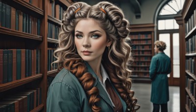 1girl,long hair,looking at viewer,blue eyes,blonde hair,brown hair,shirt,1boy,closed mouth,standing,jacket,upper body,multicolored hair,solo focus,pants,indoors,two-tone hair,lips,coat,book,window,drill hair,curly hair,realistic,nose,clock,bookshelf,blue coat,ringlets,library,twintails,signature,makeup,lipstick