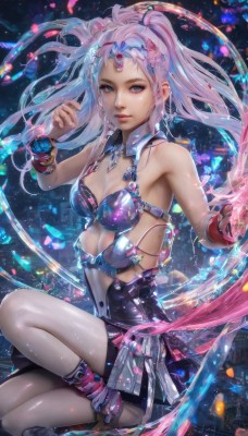 1girl,solo,long hair,breasts,looking at viewer,blue eyes,skirt,hair ornament,cleavage,bare shoulders,twintails,jewelry,medium breasts,pink hair,multicolored hair,parted lips,bracelet,lips,detached collar,realistic,nose,ponytail,white hair,petals,watermark,web address