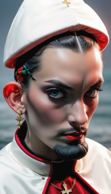 solo,looking at viewer,short hair,black hair,hair ornament,1boy,hat,jewelry,male focus,earrings,necklace,blurry,black eyes,lips,makeup,blurry background,facial hair,white headwear,cross,lipstick,portrait,christmas,beard,realistic,nose,mustache,red lips,1girl,blue eyes,green eyes,eyelashes,beret,close-up