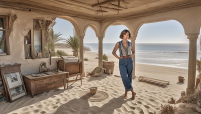 1girl,solo,breasts,looking at viewer,smile,short hair,brown hair,shirt,black hair,hat,brown eyes,jewelry,standing,boots,outdoors,barefoot,sleeveless,day,belt,pants,indoors,water,necklace,hand on hip,shadow,ocean,chair,beach,table,suspenders,plant,scenery,headwear removed,walking,sand,potted plant,overalls,cleavage,medium breasts,sky,bucket,footprints