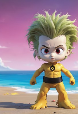 solo,looking at viewer,short hair,blonde hair,red eyes,1boy,closed mouth,standing,full body,male focus,outdoors,green hair,sky,belt,chibi,blurry,bodysuit,muscular,ocean,frown,beach,aged down,child,clenched hands,sunset,serious,sand,horizon,male child,cloud,water,abs,spiked hair,topless male,yellow skin