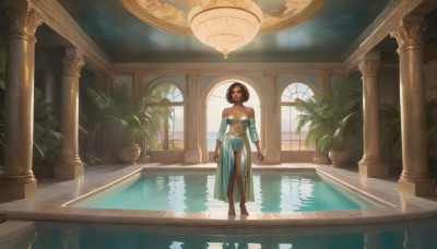 1girl,solo,breasts,looking at viewer,short hair,brown hair,black hair,dress,cleavage,bare shoulders,jewelry,medium breasts,standing,full body,earrings,detached sleeves,barefoot,indoors,dark skin,water,bracelet,dark-skinned female,lips,see-through,bare legs,window,strapless,blue dress,plant,scenery,strapless dress,wading,backlighting,reflection,anklet,arms at sides,pool,potted plant,pillar,arch,reflective floor,column,reflective water,brown eyes,collarbone,tiara,armlet,walking,palm tree,forehead jewel,egyptian