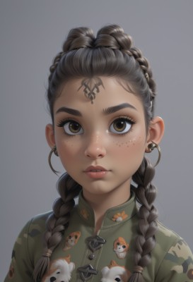 1girl,solo,long hair,looking at viewer,simple background,brown hair,black hair,brown eyes,jewelry,upper body,braid,earrings,parted lips,teeth,grey background,hair bun,twin braids,lips,eyelashes,tattoo,animal,facial mark,chinese clothes,thick eyebrows,portrait,hair over shoulder,forehead,freckles,forehead mark,realistic,nose,multiple braids,bangs