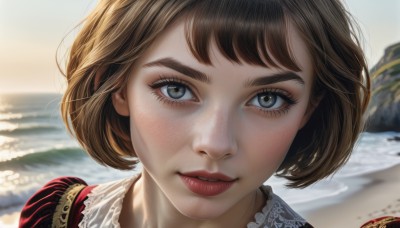 1girl,solo,looking at viewer,smile,short hair,bangs,blue eyes,brown hair,outdoors,parted lips,teeth,day,water,blurry,lips,grey eyes,eyelashes,makeup,blurry background,ocean,beach,bob cut,portrait,close-up,freckles,realistic,nose,sand,red lips,sky,depth of field,wind,shore