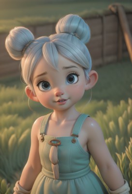 1girl,solo,looking at viewer,blush,smile,short hair,open mouth,blue eyes,gloves,dress,bare shoulders,blue hair,collarbone,upper body,white hair,outdoors,parted lips,teeth,sleeveless,artist name,hair bun,blurry,flat chest,lips,grey eyes,eyelashes,double bun,depth of field,blurry background,child,freckles,female child,overalls,aged down,realistic