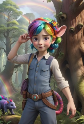 1girl,solo,looking at viewer,smile,short hair,blonde hair,shirt,hair ornament,animal ears,brown eyes,closed mouth,blue hair,standing,purple eyes,tail,white shirt,purple hair,flower,multicolored hair,cowboy shot,hairband,outdoors,green hair,sky,day,collared shirt,belt,pants,artist name,signature,hair flower,star (symbol),vest,two-tone hair,tree,lips,animal,watermark,sunlight,horse ears,grass,denim,nature,web address,androgynous,buckle,forest,personification,freckles,curly hair,pocket,pouch,jeans,belt buckle,brown belt,overalls,rainbow,belt pouch,colorful,creature and personification,rainbow hair,blush,long sleeves,pink hair,parted lips,teeth,hand up,bag,hair bun,leaf,sleeves rolled up