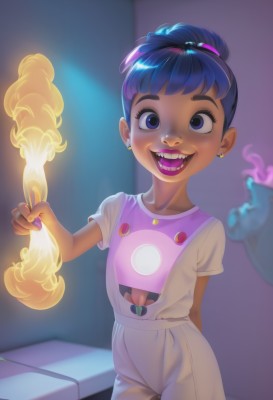 1girl,solo,looking at viewer,smile,short hair,open mouth,blue eyes,shirt,holding,jewelry,blue hair,standing,purple hair,short sleeves,:d,cowboy shot,earrings,teeth,solo focus,tongue,dark skin,hair bun,nail polish,blurry,flat chest,dark-skinned female,makeup,blurry background,fangs,single hair bun,lipstick,child,1other,arm behind back,female child,stud earrings,overalls,bangs,underwear,artist name,bra,fire,t-shirt,freckles,purple lips