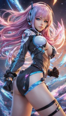 1girl,solo,long hair,breasts,looking at viewer,bangs,blue eyes,gloves,long sleeves,cleavage,medium breasts,standing,pink hair,ass,thighs,multicolored hair,cowboy shot,parted lips,sky,black gloves,looking back,artist name,leotard,lips,clothing cutout,thigh strap,floating hair,headgear,headphones,black leotard,nose,twisted torso,large breasts,closed mouth,cloud,from behind,clenched hand,star (sky),zipper,headset,starry sky,space