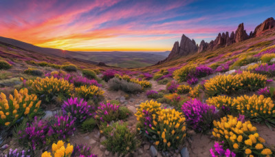 flower, outdoors, sky, cloud, no humans, grass, nature, scenery, sunset, mountain, yellow flower, road, field, flower field, landscape, mountainous horizon, path