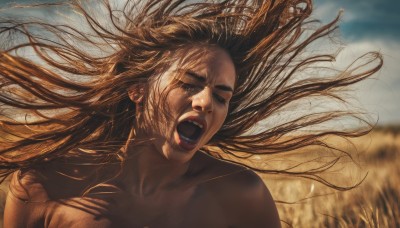 1girl,solo,long hair,open mouth,brown hair,collarbone,closed eyes,upper body,nude,outdoors,sky,teeth,day,blurry,lips,floating hair,blurry background,wind,realistic,1boy,male focus,earrings