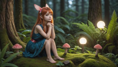 1girl,solo,long hair,looking at viewer,bangs,blue eyes,brown hair,hair ornament,dress,bare shoulders,brown eyes,sitting,flower,hairband,outdoors,barefoot,sleeveless,hair flower,nail polish,orange hair,blurry,feet,tree,lips,bare arms,sleeveless dress,depth of field,blurry background,blue dress,own hands together,grass,plant,nature,forest,toenails,realistic,mushroom,dirty,dirty feet,red hair