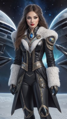 1girl,solo,long hair,breasts,looking at viewer,brown hair,gloves,brown eyes,jewelry,standing,black gloves,pants,armor,lips,coat,fur trim,makeup,black pants,lipstick,gem,star (sky),science fiction,red lips,space,planet,earth (planet),spacecraft,medium breasts,earrings,bodysuit,realistic