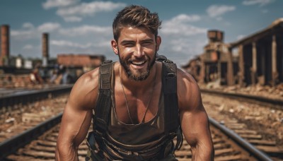 solo,smile,short hair,brown hair,black hair,1boy,bare shoulders,jewelry,closed eyes,upper body,male focus,outdoors,sky,teeth,sleeveless,day,cloud,dark skin,necklace,blurry,blue sky,muscular,depth of field,blurry background,facial hair,dark-skinned male,tank top,pectorals,muscular male,building,bara,facing viewer,beard,large pectorals,mature male,realistic,mustache,manly,chest hair,black tank top,pectoral cleavage,arm hair,bag,thick eyebrows,backpack,undercut,photo background