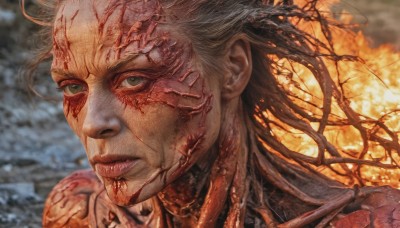 1girl,solo,looking at viewer,1boy,green eyes,male focus,parted lips,blurry,lips,blood,blurry background,scar,portrait,smoke,science fiction,veins,injury,blood on face,realistic,explosion,guro,closed mouth,grey eyes,fire,close-up