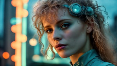 HQ,1girl,solo,long hair,looking at viewer,blue eyes,blonde hair,brown hair,hair ornament,jewelry,closed mouth,earrings,blurry,lips,eyelashes,makeup,depth of field,blurry background,wavy hair,goggles,messy hair,portrait,eyeshadow,freckles,science fiction,curly hair,realistic,nose,stud earrings,cyberpunk,parted lips,watermark,goggles on head,bokeh