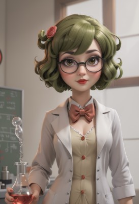 1girl,solo,breasts,looking at viewer,blush,smile,short hair,bangs,shirt,hair ornament,long sleeves,bow,holding,cleavage,brown eyes,medium breasts,closed mouth,standing,upper body,flower,small breasts,green hair,glasses,artist name,indoors,hair flower,bowtie,nail polish,blurry,red bow,lips,fingernails,eyelashes,makeup,buttons,blurry background,rose,sunlight,thick eyebrows,bottle,lipstick,red nails,black-framed eyewear,curly hair,round eyewear,labcoat,red lips,classroom,chalkboard,test tube,flask,potion,brown-framed eyewear,green eyes,jacket,open clothes,detached collar,red bowtie