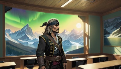 solo,long hair,open mouth,brown hair,long sleeves,1boy,jewelry,standing,ponytail,male focus,earrings,sky,belt,indoors,headband,facial hair,chair,eyepatch,table,beard,desk,mountain,bandana,mustache,sun,pirate,shirt,collarbone,jacket,white shirt,weapon,grey hair,cowboy shot,collared shirt,pants,tree,coat,black jacket,window,buttons,black pants,sunset,classroom,brown belt,school desk,looking afar,aurora