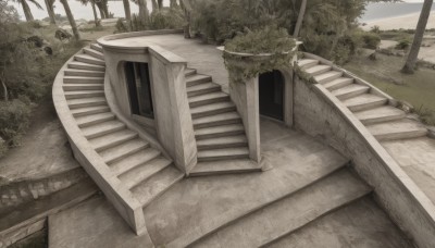 outdoors,sky,day,tree,no humans,grass,plant,building,nature,scenery,forest,stairs,road,bush,stone stairs,monochrome,cloud,window,house