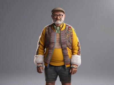 solo,looking at viewer,simple background,shirt,long sleeves,1boy,hat,closed mouth,standing,jacket,male focus,cowboy shot,necktie,glasses,shorts,striped,grey background,gradient,fur trim,gradient background,facial hair,beret,black shorts,beard,clenched hands,black-framed eyewear,yellow shirt,realistic,round eyewear,mustache,arms at sides,bald,old,straight-on,fat,old man,fat man,open clothes,collared shirt,vest,open jacket,brown jacket,striped shirt,brown headwear,yellow jacket,grey shorts,open vest