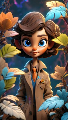 1girl,solo,looking at viewer,short hair,blue eyes,brown hair,shirt,hair ornament,long sleeves,closed mouth,jacket,upper body,flower,necktie,collared shirt,blurry,lips,coat,eyelashes,buttons,leaf,thick eyebrows,feathers,blue shirt,plant,freckles,open coat,hands in pockets,badge,artist name,depth of field,watermark,child,button badge