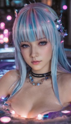 1girl,solo,long hair,breasts,looking at viewer,bangs,blue eyes,hair ornament,cleavage,bare shoulders,jewelry,medium breasts,closed mouth,blue hair,collarbone,upper body,multicolored hair,choker,artist name,blunt bangs,water,necklace,blurry,lips,wet,eyelashes,aqua hair,makeup,depth of field,blurry background,black choker,partially submerged,pink lips,realistic,nose,bathing,mascara,nude,grey eyes,petals,bokeh