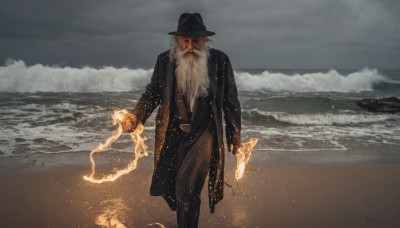 solo,looking at viewer,long sleeves,1boy,hat,holding,standing,white hair,male focus,outdoors,sky,pants,cloud,water,coat,black headwear,facial hair,ocean,beach,cloudy sky,fire,beard,walking,black coat,mustache,sand,old,old man,waves,grey sky,closed mouth,jacket,weapon,grey hair,open clothes,belt,holding weapon,feet out of frame,black pants,sunglasses,facing viewer,dual wielding,open coat,horizon,magic