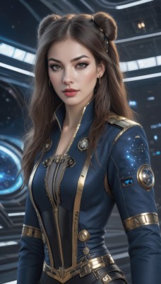 1girl,solo,long hair,breasts,looking at viewer,brown hair,long sleeves,brown eyes,jewelry,medium breasts,upper body,earrings,belt,indoors,hair bun,lips,double bun,bodysuit,makeup,lipstick,zipper,science fiction,realistic,nose,red lips,freckles