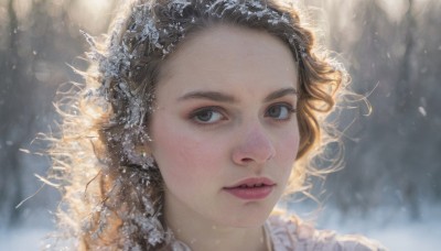 1girl,solo,long hair,looking at viewer,short hair,brown hair,hair ornament,brown eyes,jewelry,earrings,outdoors,parted lips,teeth,blurry,black eyes,lips,grey eyes,eyelashes,depth of field,blurry background,portrait,snow,snowing,realistic,nose,winter,wind,close-up,forehead