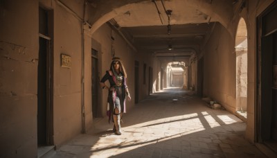 1girl,solo,long hair,looking at viewer,brown hair,black hair,1boy,dress,jewelry,standing,male focus,multicolored hair,boots,outdoors,day,indoors,hand on hip,window,shadow,brown footwear,sunlight,scenery,door,wide shot,pillar,open door,alley,shirt,very long hair,short sleeves,pants,black shirt,knee boots,cracked wall