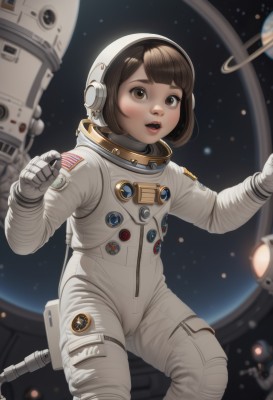 1girl,solo,looking at viewer,blush,smile,short hair,open mouth,bangs,brown hair,brown eyes,teeth,blunt bangs,blurry,lips,blurry background,feet out of frame,cameltoe,upper teeth only,bob cut,floating,freckles,realistic,flag,space,planet,earth (planet),american flag,spacecraft,spacesuit,japanese flag,space helmet,astronaut,helmet,star (sky),science fiction,nose