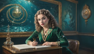 1girl,solo,long hair,breasts,looking at viewer,brown hair,long sleeves,dress,holding,brown eyes,jewelry,sitting,earrings,indoors,water,necklace,bracelet,lips,book,makeup,chair,drill hair,table,lipstick,desk,fish,bubble,curly hair,underwater,pen,lamp,candle,pencil,picture frame,ringlets,pearl necklace,drawing,painting (object),writing,shirt,medium breasts,upper body,parted lips,sunlight,gem,reflection,beads,green dress,paper,green shirt,red lips,air bubble,paintbrush,holding pen,holding pencil,inkwell