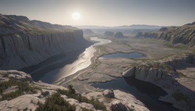 outdoors,sky,day,water,tree,no humans,grass,nature,scenery,forest,rock,mountain,river,landscape,mountainous horizon,lake,cliff,cloud,moon,sand,sun,shore