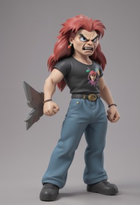 1girl,solo,long hair,blue eyes,shirt,1boy,jewelry,standing,full body,weapon,male focus,red hair,earrings,shoes,teeth,belt,pants,grey background,black footwear,bracelet,black shirt,muscular,thick eyebrows,knife,denim,clenched teeth,t-shirt,angry,clenched hands,jeans,blue pants,fusion,simple background,short sleeves,v-shaped eyebrows,frown,wristband,clenched hand,nose,shirt tucked in,print shirt