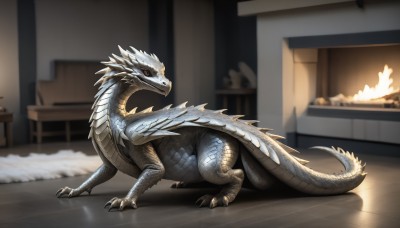 HQ,solo,looking at viewer,red eyes,closed mouth,tail,full body,indoors,blurry,from side,pokemon (creature),no humans,blurry background,table,fire,claws,wooden floor,realistic,dragon,scales,animal focus,rug,fireplace,chair