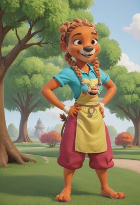 1girl,solo,long hair,smile,open mouth,brown hair,shirt,animal ears,brown eyes,jewelry,standing,full body,braid,short sleeves,outdoors,sky,barefoot,teeth,day,pants,artist name,cloud,dark skin,necklace,apron,twin braids,flat chest,dark-skinned female,tree,blue sky,happy,grass,blue shirt,wristband,child,furry,freckles,hands on hips,furry female,female child,gloves,tail,fingerless gloves,watermark,thick eyebrows,cloudy sky,brown gloves,green shirt,overalls,bear ears,bear,orange gloves,green apron